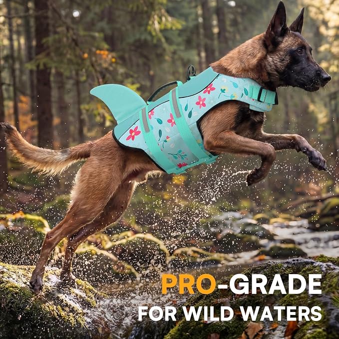 Dog Life Jacket, Dog Life Vest for Swimming, High Buoyancy Shark Swimming Safety Vest for Large Dogs, Reflective Pet Lifesaver Preserver with Rescue Handle, Blue Flower XL