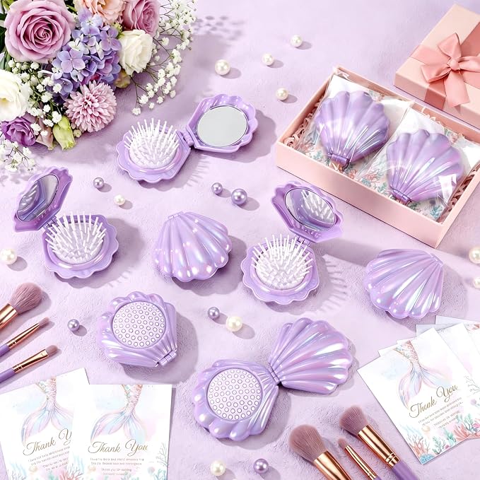 LemonRoad 24 Sets Mermaid Party Favors Shell Hair Brush with Mirror Card, Foldable Mini Travel Compact Hair Brush for Women Birthday, Bachelorette, Under The Sea, Beach Party Gifts(Purple)