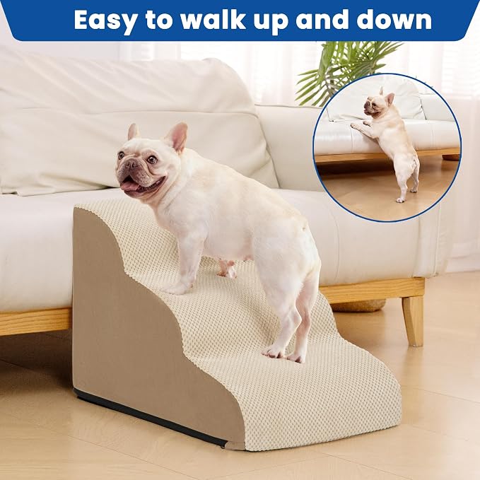 Dog Stairs for Small Dogs and Cats,Non-Slip 3 Step Pet Ramp for Couch,Khaki | High-Density Foam Support with a Gentle 3-Step Design for Easy, Comfortable Access to Couches and Sofas