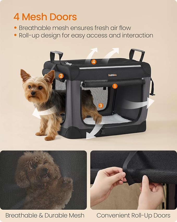 Feandrea Collapsible Dog Crate, Portable Travel Crate, 20-Inch | Oxford Fabric Pet Carrier with 4 Mesh Doors, Handles, Storage Pocket, Water Bottle Holder, UPDC015BH02