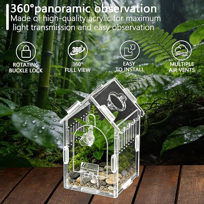House-Shaped Acrylic Insect Terrarium & Reptile Habitat Kit - Multi-Purpose Bug Enclosure for Jumping Spiders, Praying Mantises & Frogs - Clear Acrylic Insect Cage with Ventilation, Easy Maintenance