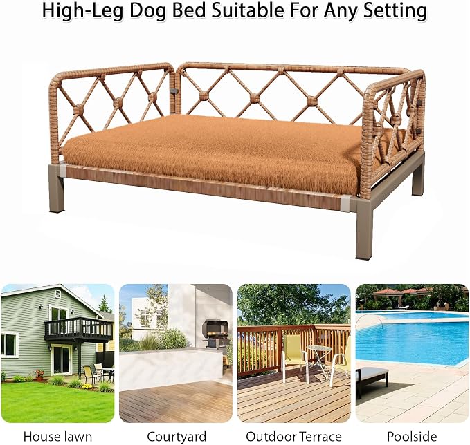 Elevated Indoor & Outdoor Dog Bed for Small Dogs, Durable Rattan Wicker Pet Sofa with Removable Washable Waterproof Cushion, Stylish Dog Couch, Brown