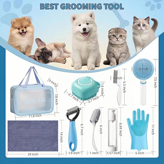 9PCS Dog Bath Kit & Dog Brush Kit for Dogs & Cats - Professional Pet Grooming Tools Set with Shedding Brush, Bath Scrubber, Dematting Comb & Storage Bag - Complete Dog Washing Essentials, Blue