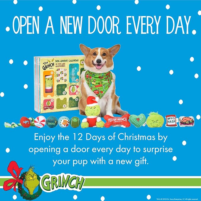 Dr. Seuss for Pets How the Grinch Stole Christmas Dog Advent Calendar with 12 Surprise Toys and Accessories, Dog Stocking Stuffers, Dog Christmas Gifts, Christmas Gifts for Dogs | Officially licensed holiday countdown calendar, includes treats and toys...