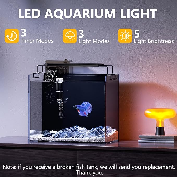3 Gallon Fish Tank Aquarium Kit with HOB Filter, LED Light with Timer, Lid, Siphon Vacuum Cleaner, Self Cleaning Glass Rimless Betta Tank