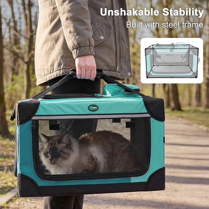 Ownpets Extra Large Cat Carrier for 2 Cats Small Dogs, 24 Inches Collapsible Soft Dog Crate for Car Travel, Portable Pet Carrier with Soft Mat | Foldable, Portable, 4-Doors, 4-Side Mesh Windows, Steel Frame Oxford Cloth, Soft Cushion Mat, Leash, Easy S...