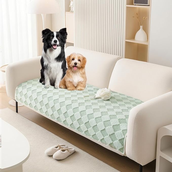 HANDONTIME Non-Slip Pet Couch Cover Washable, Plush Faux Fur Couch Protector for Cushion Pet-Friendly Sofa Covers for Dogs, Checkered Diamond Sectional Covers Dog Mat for Sofa (Green, 35.6" x 94.5")