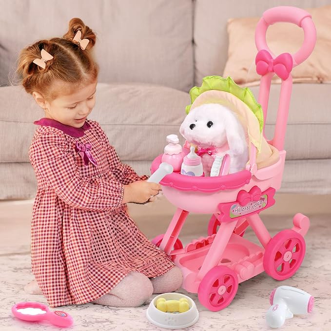 Golray Electronic Toy Dog and Cat for Kids Girls, 10 Pcs Puppy Pet Care Pretend Play Set 16 Pcs Kitten Carrier & Pet Groom Feed Care Set