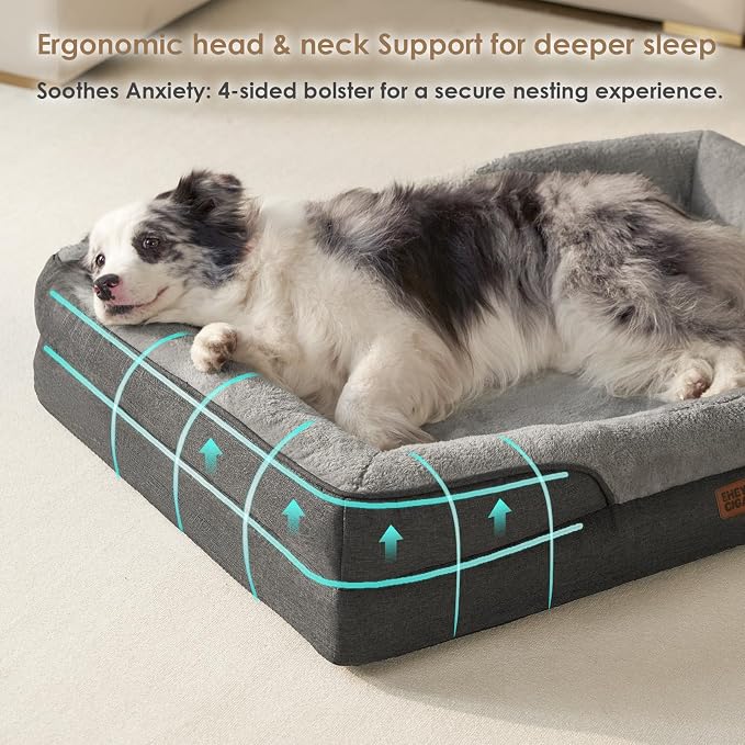 EHEYCIGA Orthopedic XXL Dog Bed for Large Dog, Memory Foam Dog Couch, Grey | 52x41 Inch Extra Large Sized Dog Sofa with Sides, Waterproof Liner & Washable Removable Cover, Bolster Pet Couch