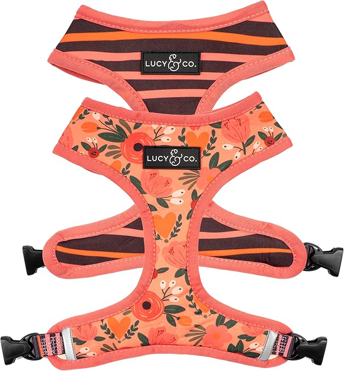 Lucy & Co. Reversible Dog Harness - Water-Repellent Neoprene, Dual-Print Design, Easy Swap Style, Adjustable Comfort Fit - Posy Pink Reversible Harness - X-Small