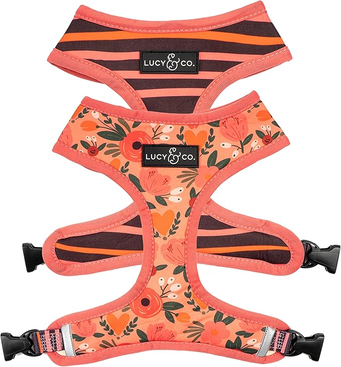 Lucy & Co. Reversible Dog Harness - Water-Repellent Neoprene, Dual-Print Design, Easy Swap Style, Adjustable Comfort Fit - Posy Pink Reversible Harness - Medium