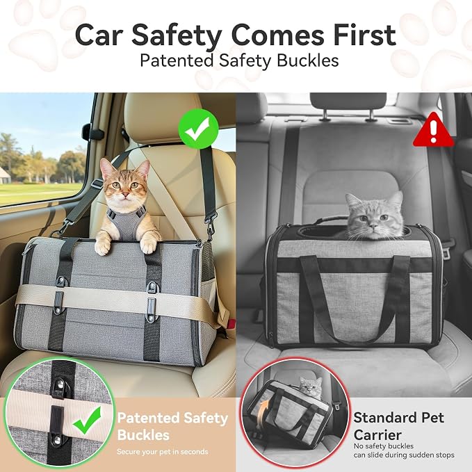 PETSFIT Cat Carrier Soft with Patented Safety Buckles,Safe for Car Travel | Lockable Zippers, Safety Tether, Escape-Resistant Pet Carrier for Vet Visits, Airline Approved Under-Seat, Up to 12 lbs