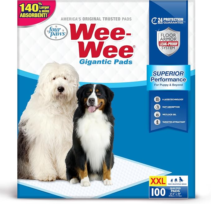 Four Paws Wee-Wee Superior Performance Gigantic Dog Pee Pads, 100 Count | Puppy & dog potty training pads, all day floor protection, housebreaking pet supplies, leak-proof puppy pads, 27.5" x 44"