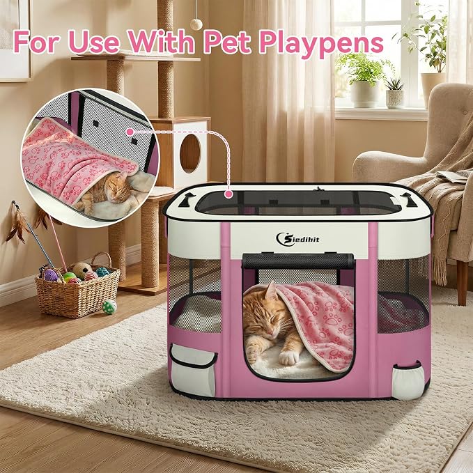 Siedihit Dog Playpen, Cat Pet Puppy Crate, Portable Playpens Indoor Outdoor (Pink with Blanket, Small)