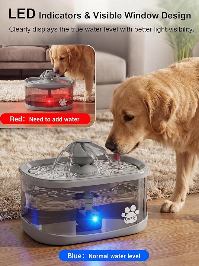 Kastty 9.5L/2.5Gal Dog Water Fountain for Large Dogs with 3 Flow Modes | Large Capacity Pet Water Fountain , Automatic Quite Dog Water Bowl Dispenser with Water Window & LED,Easy to Clean(FS82,Grey)