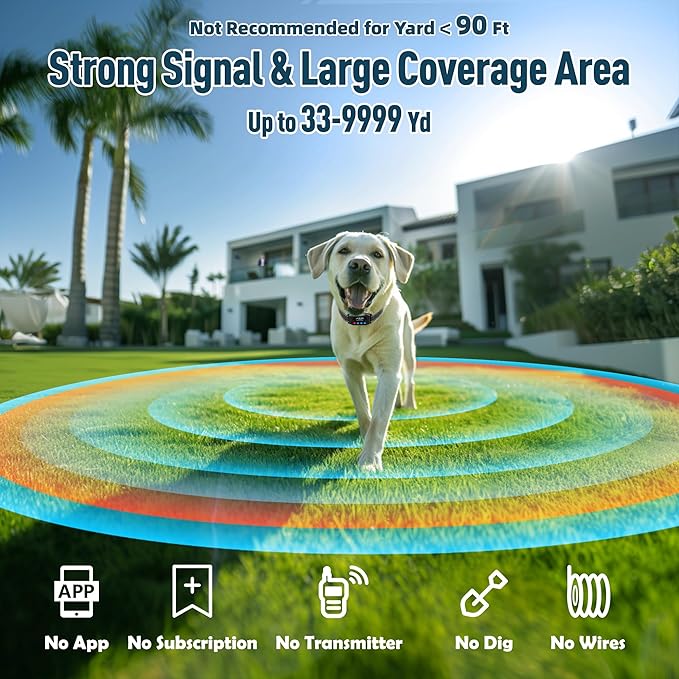 GPS Dog Collar Fence System - Invisible Electric Fence for Dogs with 3 Warning Modes, Adjustable Radius 33-9999Yards, IPX7 Waterproof Rechargeable Wireless Dog Fence for Outdoor Use