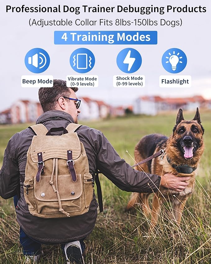 Dog Shock Collar with Remote Control - Rechargeable Dog Training Collar, IPX7 Waterproof E Collar for Dogs with 4 Safe Modes Flashlight Beep Vibration Shock Ideal for All Dog Sizes (8-150lbs)