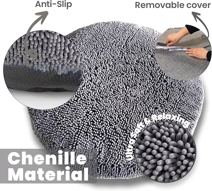 Muddy Mat® Cloud K-9 Dog Beds for Small Dogs & Cats, Soft & Relaxing Round Dog Bed, Chenille Material, Removable Cover, Washable & Dryer Safe – Grey Small(25'x25')