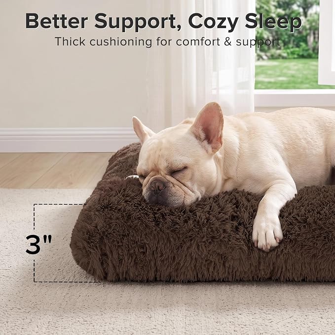 JOEJOY Dog Bed Crate Pad, Deluxe Plush Washable Dog Beds Fulffy Soft Kennel Pad Anti-Slip Pet Sleeping Mat for Medium Small Dogs, 29" x 21", Brown
