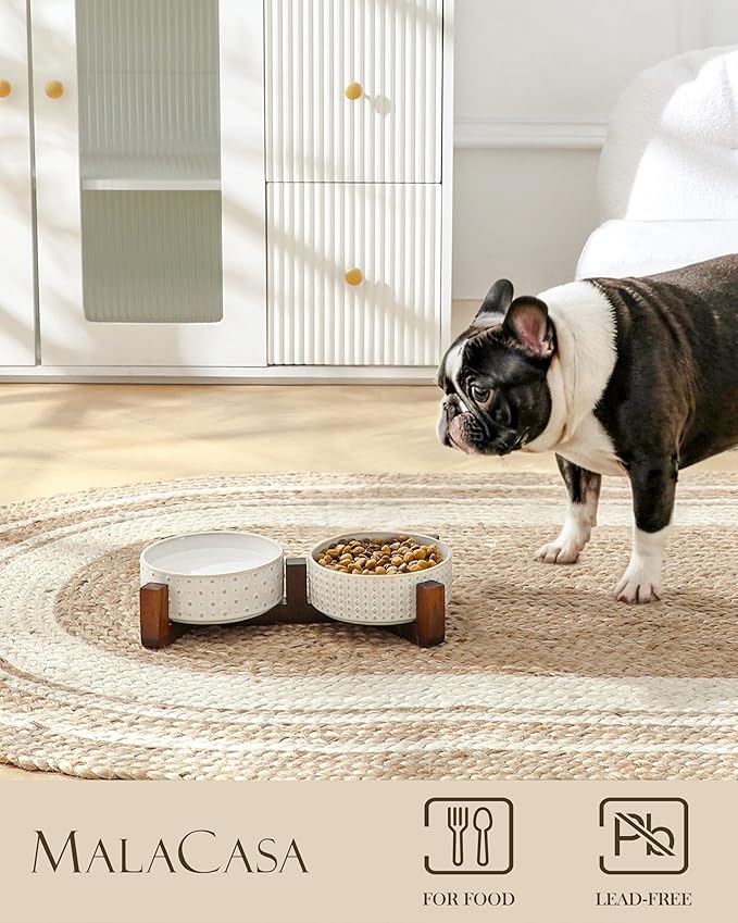 MALACASA Dog Bowl Set, Ceramic Bowls with Walnut Wood Stand, 1.5 Cups | Rhombic and Polka Dot Design, Non-Slip Base, for Cats and Dogs, About 26% Heavier than Similar Ceramic Bowls