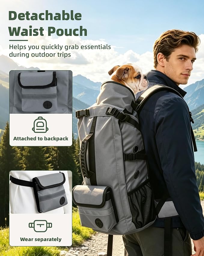 Breathable Dog Hiking Backpack Carrier for Large Dogs, Grey | 4-Layer Protection, Adjustable Dog Backpack with Storage Pockets, Reflective Strips, 3D Ergonomic Support, Under 50 lb