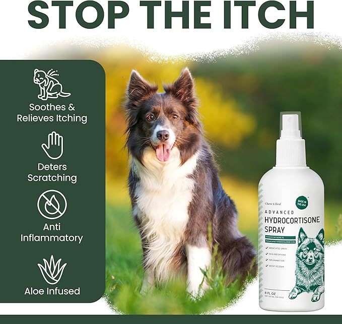 Chew + Heal Labs Hydrocortisone Spray for Dogs & Cats, 8oz - Hot Spot & Itch Relief, Irritated Dry Skin, Flea Bites, Allergies, Dermatitis - with Pramoxine, Made in USA