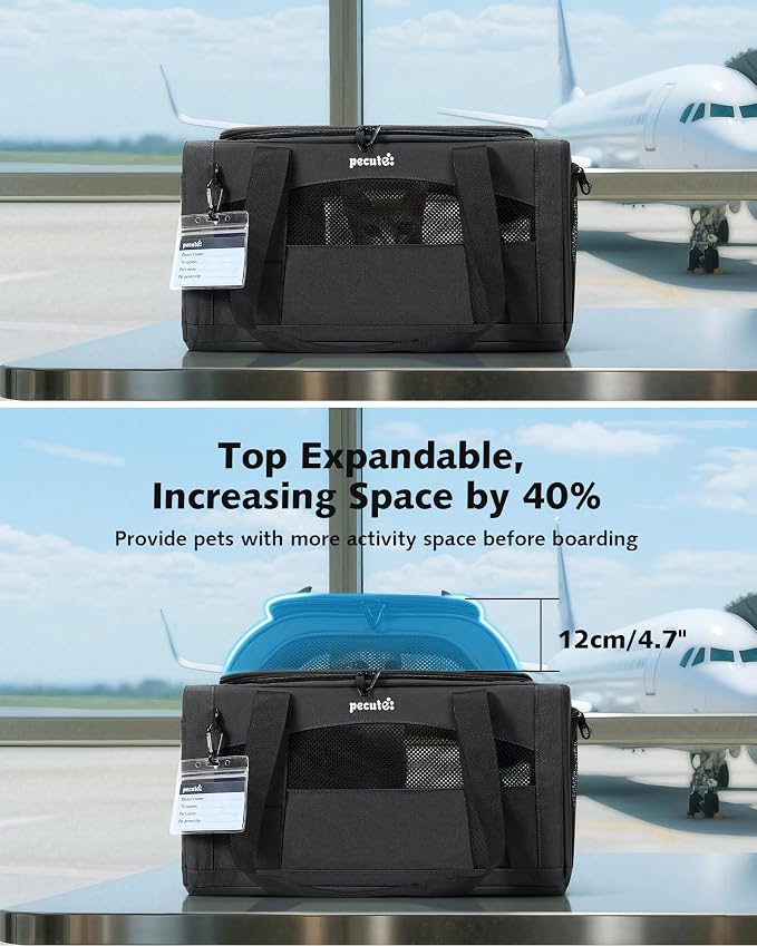 Pecute Top Expandable Airline Approved Pet Carrier for Cats, Olive Green | Top side expandable, breathable scratch-resistant mesh, leakproof pee pad, locking zippers, foldable travel bag under 11lbs.