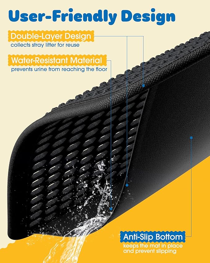 Cat Litter Mat - 30'' x 24'' Large Litter Trapping Mat, Easy to Clean Litter Box Mat, Waterproof, Urine-Proof, Non-Slip Kitty Litter Mats for Floor, Black
