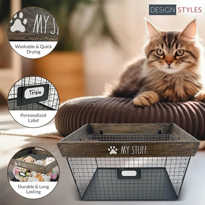 Rae Dunn Decorative Pet Toy Storage Basket - Durable Cat and Dog Toy Basket Perfect for Organizing Chew Toys - Sturdy Metal Baskets for Storage of Pet Blankets & Leashes