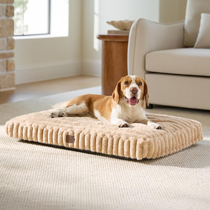 Bedsure ComfyFleece™ Fluffy Balanced Support Large Dog Bed for Crate,35x22 | Golden Ratio Chopped Foam & PP Cotton, Home Decor,Waterproof Liner, Removable Washable Cover, Nonslip Bottom,Sandy Beige