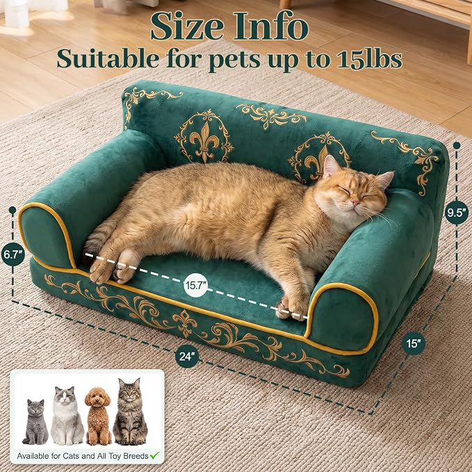 Cat Couch Bed, Memory Foam Dog Bed for Small Dogs, 24 Inch | Faux Suede Fabric, Supportive Pet Couch Sofa for Cats and Small Dogs, Non-Slip and Washable Removable Cover, Vintage Green