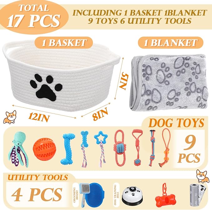 Zopeal 17 Pcs Summer Puppy Gift Set, Dog Toy & Essentials Bundle with Chew Toys, Poop Bag Dispenser, Grooming Brush, Training Bell, Blanket & Rope Basket(White,Octopus)