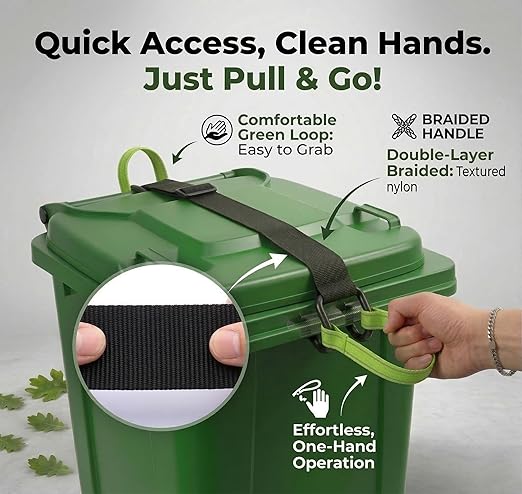Raccoon Proof Trash Can Lid Lock Strap - Heavy Duty Metal Hooks Garbage Can Lock for Animals, Dogs, Bears - Adjustable Universal Fit, Easy-Pull Handle for Clean Hands, No Drilling - 1 Pack