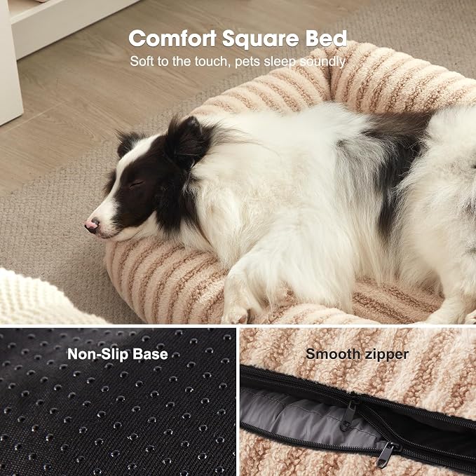 MIXJOY Dog Beds Large Sized Dogs, Washable Dog Bed with Removable Cover, Soft Rectangle Dogs Ded Fluffy Plush Faux Fur Pet Bed with Anti-Slip Bottom, 36"x27"x8", Beige