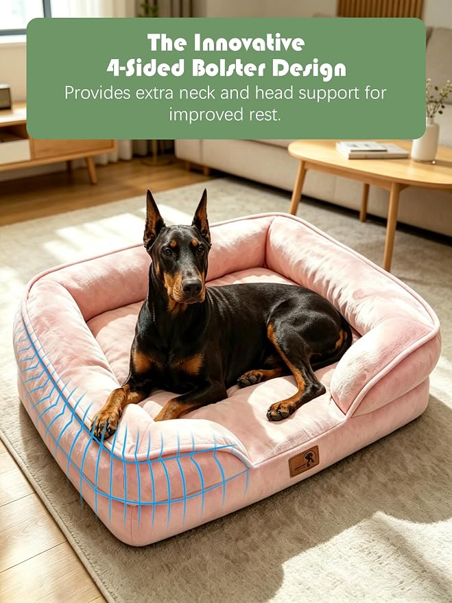 Spotted Play Orthopedic Dog Bed with Sides - Sofa Beds for Extra Large Dogs, Supportive Foam Pet Couch Bed with Washable Removable Cover, Waterproof Lining and Non-Slip Bottom, Pink - XL-Plus