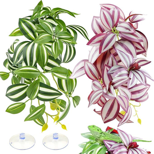 QUOZUO 2 Pack Reptile Plants, Artificial Hanging Plants with Suction Cups, Habitat Decor Plastic Vines Decorations for Bearded Dragons Lizards Snake Geckos Frogs -Purple and Green