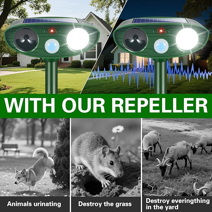4 Pack Solar Ultrasonic Animal Repellent Animal Deterrent Devices Outdoor IP65 Waterpfoof with Motion Sensor & Strobe Light- Keep Deer,Cats,Squirrels,Dogs,Raccoons,Rabbits,Skunks Away from Garden Yard