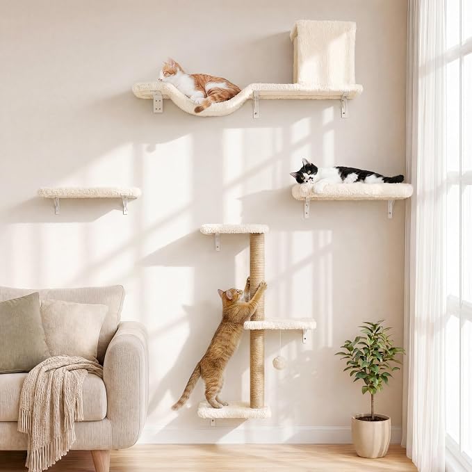 FUKUMARU Cat Wall Shelves, 4 in 1 Set, Beige | Stable & Safe Cat Walls Furniture, Wooden Kitten Climbing Wall with Scratching Post for 16 Inch Drywall