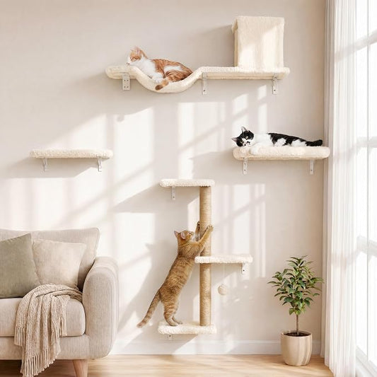 FUKUMARU Cat Wall Shelves, 4 in 1 Set, Beige | Stable & Safe Cat Walls Furniture, Wooden Kitten Climbing Wall with Scratching Post for 16 Inch Drywall