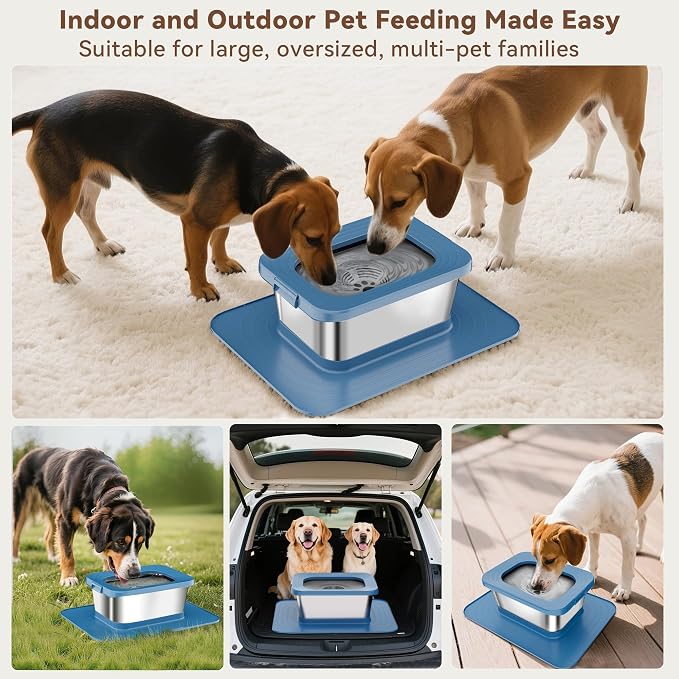 10L No Spill Dog Water Bowl Stainless Steel for Messy Drinkers | Large Capacity Slobber Stopper, Slow Drinking Anti Splash Design, XXL Silicone Mat, For Large Dogs & Multi-pet Homes, Blue