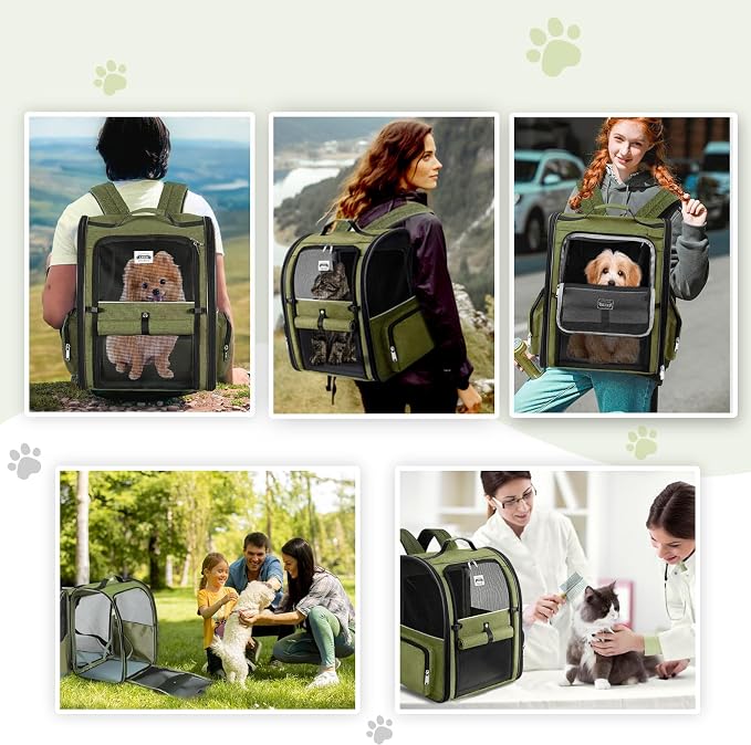 Large Cat Backpack Carrier Expandable Pet Carrier Backpack for Small Dogs Medium Cats Fit Up to 18 Lbs, Dog Backpack Carrier, Foldable Puppy Backpack Carrier for Travel,Dark Green, Large