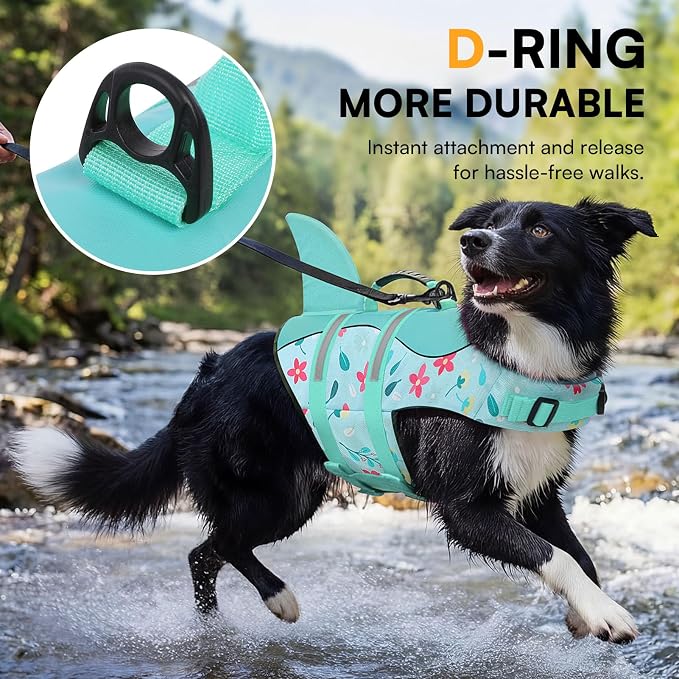 Dog Life Jacket, Dog Life Vest for Swimming, Doggie Shark Swimming Vest with Rescue Handle, Adjustable Reflective Pet Lifesaver Preserver for Small Dogs, Blue Flower S