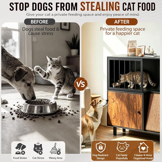 Dog Proof Cat Feeding Station with Storage Cabinet& 2 Stainless Steel Bowls, Elevated Cat Food Station with Scratching Board, Modern Wooden Cat House Furniture for Indoor Cats, Large Pet Cabinet