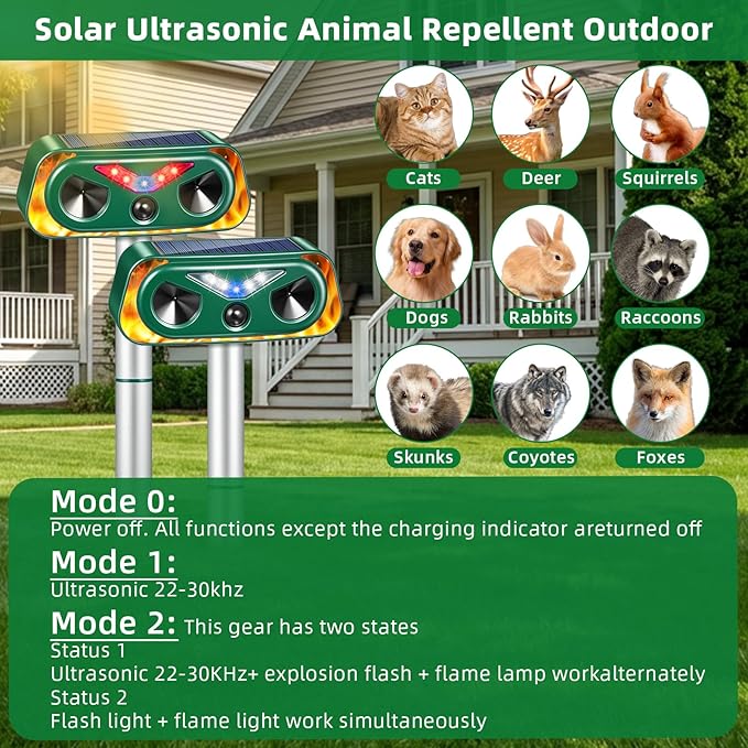 2026 Solar Ultrasonic Animal Repellent Outdoor Cat Deterrent Deer Repellent Devices,Upgraded Waterproof Dog Repeller with Motion Sensor,Flashing Lights,Scare Squirrels Rabbits Raccoons Skunks Garden