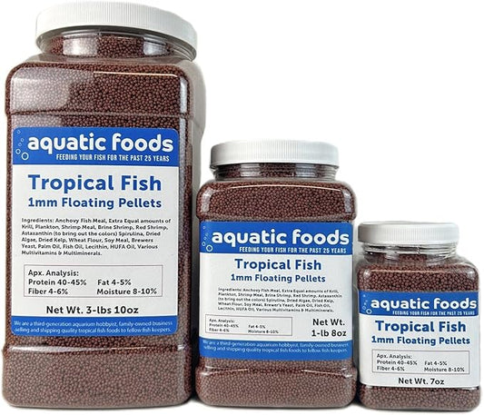 Aquatic Foods Inc. Tropical Fish 1mm - 1/32" Floating 40% Protein Pellets for Discus, Cichlids, Bettas, Guppies, Tetras, Live Bearers, Baby Koi, Smaller Tropical and Pond Fish...WL 3-lbs 10oz Lg Jar