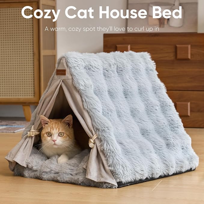 FUKUMARU Cat Cave Bed, Sturdy Frame Washable Cat Tent Bed with Curtain | Semi-Enclosed Cat Hideaway for Anxious Cats, Large Cozy Cat House for Indoor Cats, Soft Plush Covered Dog Bed, Grey