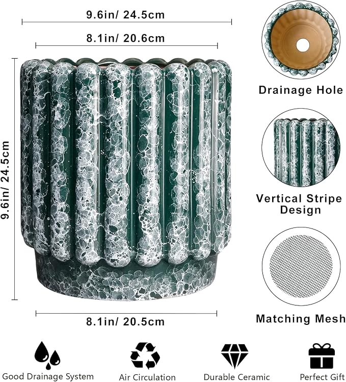Ceramicfor Ceramic Plant Pot, 9.6 Inch, Green | Drainage Hole, Fluted Round Design, Indoor & Outdoor Use, Home Decor