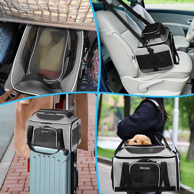 Petskd Top-Expandable Pet Carrier 18x11x11 Inches Delta American United Airline Approved, Soft-Sided Carrier for Small Cats and Dogs with Locking Safety Zippers and Anti-Scratch Mesh(Grey)