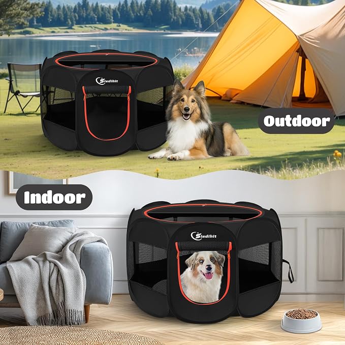 Siedihit Dog Playpen, Large Puppy Pet Playpen, Dog Crate Tent Cage Indoor | Outdoor, Portable Pop Up Dogs Kennel Playpen with Carrying Case for Dogs/Cats/Rabbits, Black