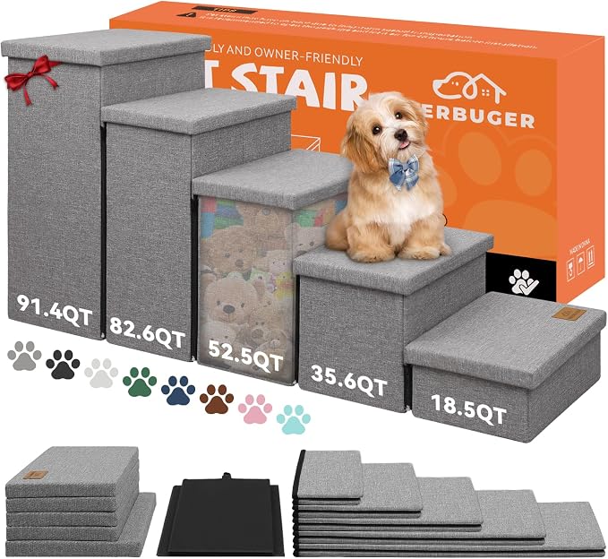 Zerbuger Dog Stairs with Storage, Grey 5 Steps Dog Ramp no Condo for Bed | 26" H Wider Dog Steps for High Beds Couch, Folding Storage Pet Stairs Gift for Climbing Small/Medium/Large Old Dogs Cats